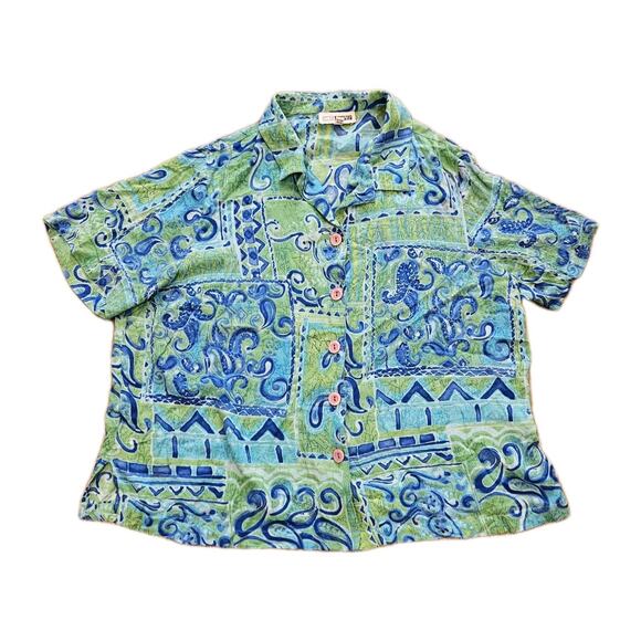 Vtg Geometric Floral Button Up Top Women 1XWP Blue Green Wearable Art Paisley - Picture 1 of 9